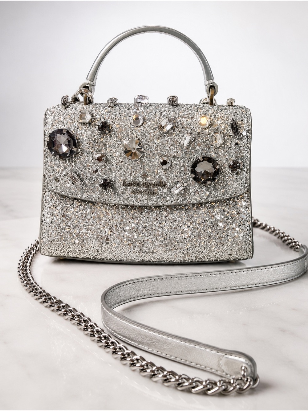 Kate Spade Silver Glitter Jeweled Crystal Top Handle Crossbody Bag